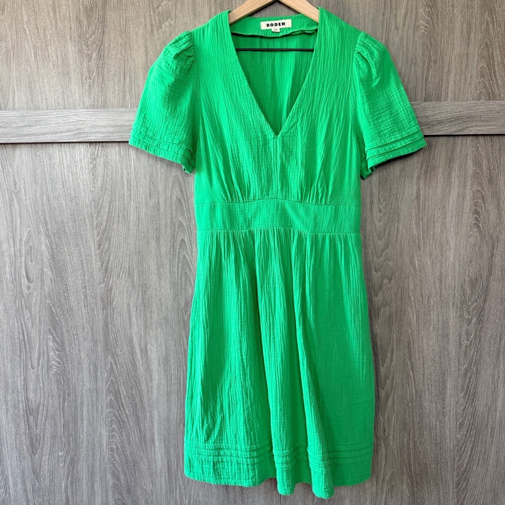 Boden Cotton Gauze Dress Womens 4R Green V-Neck Puff Sleeve Smocked Minimalist